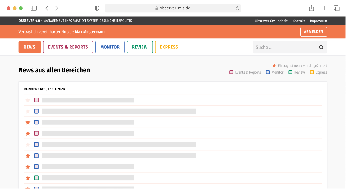 Schematische Darstellung der Startseite der Observer Datenbank